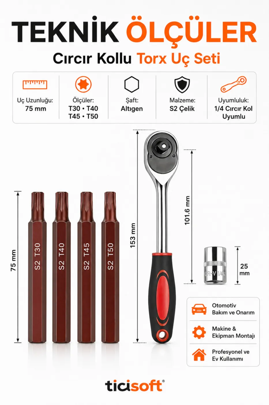 Cırcır Kollu Manyetik Torx Uç Seti 75 mm S2 Çelik T30 T40 T45 T50 4’lü Torx Bits + 1/4 Cırcır Kol + Adaptör