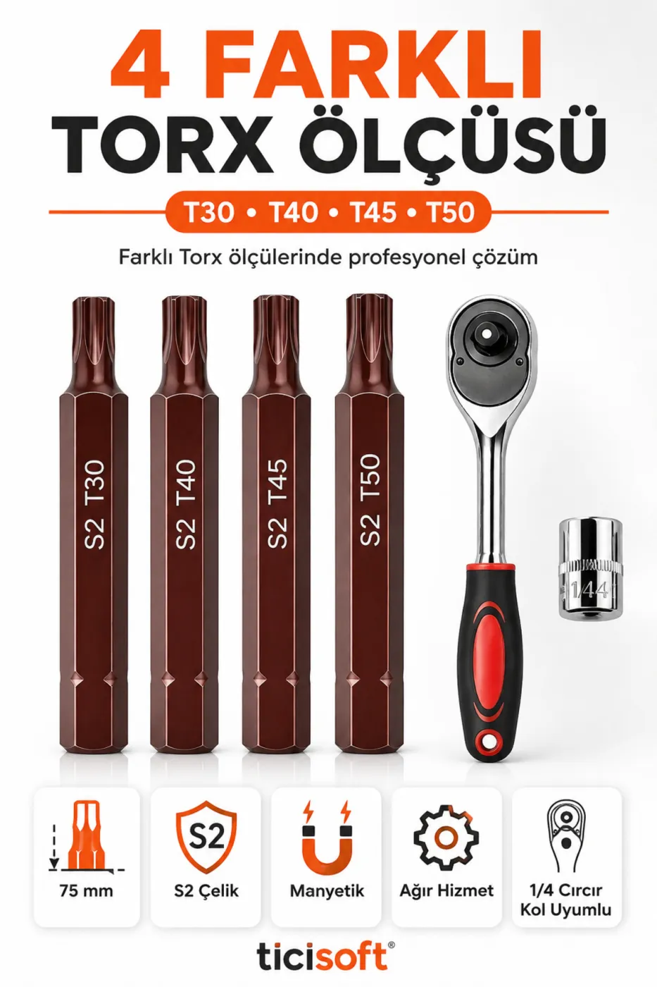 Cırcır Kollu Manyetik Torx Uç Seti 75 mm S2 Çelik T30 T40 T45 T50 4’lü Torx Bits + 1/4 Cırcır Kol + Adaptör