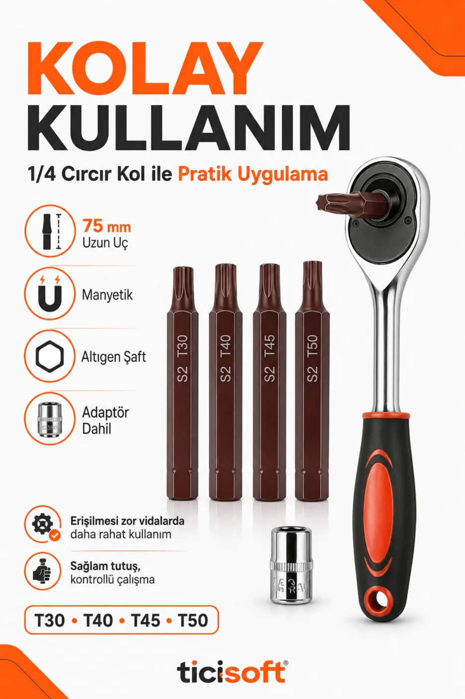Cırcır Kollu Manyetik Torx Uç Seti 75 mm S2 Çelik T30 T40 T45 T50 4’lü Torx Bits + 1/4 Cırcır Kol + Adaptör
