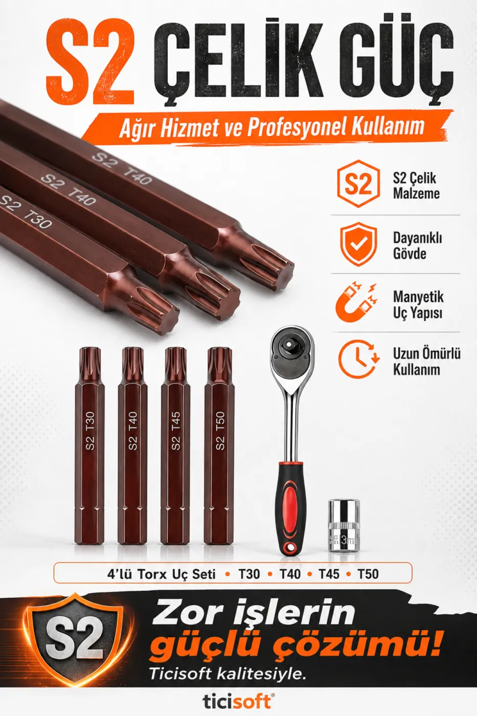 Cırcır Kollu Manyetik Torx Uç Seti 75 mm S2 Çelik T30 T40 T45 T50 4’lü Torx Bits + 1/4 Cırcır Kol + Adaptör