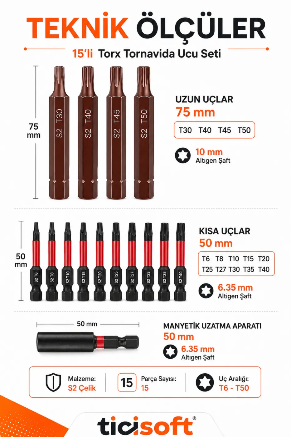 15 Parça S2 Çelik Manyetik Torx Tornavida Ucu Seti T6-T50 50/75 mm Bits Uç ve Uzatma Aparatı Saklama Kutulu