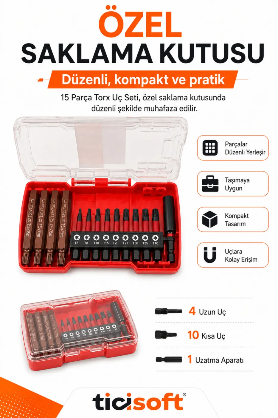 15 Parça S2 Çelik Manyetik Torx Tornavida Ucu Seti T6-T50 50/75 mm Bits Uç ve Uzatma Aparatı Saklama Kutulu