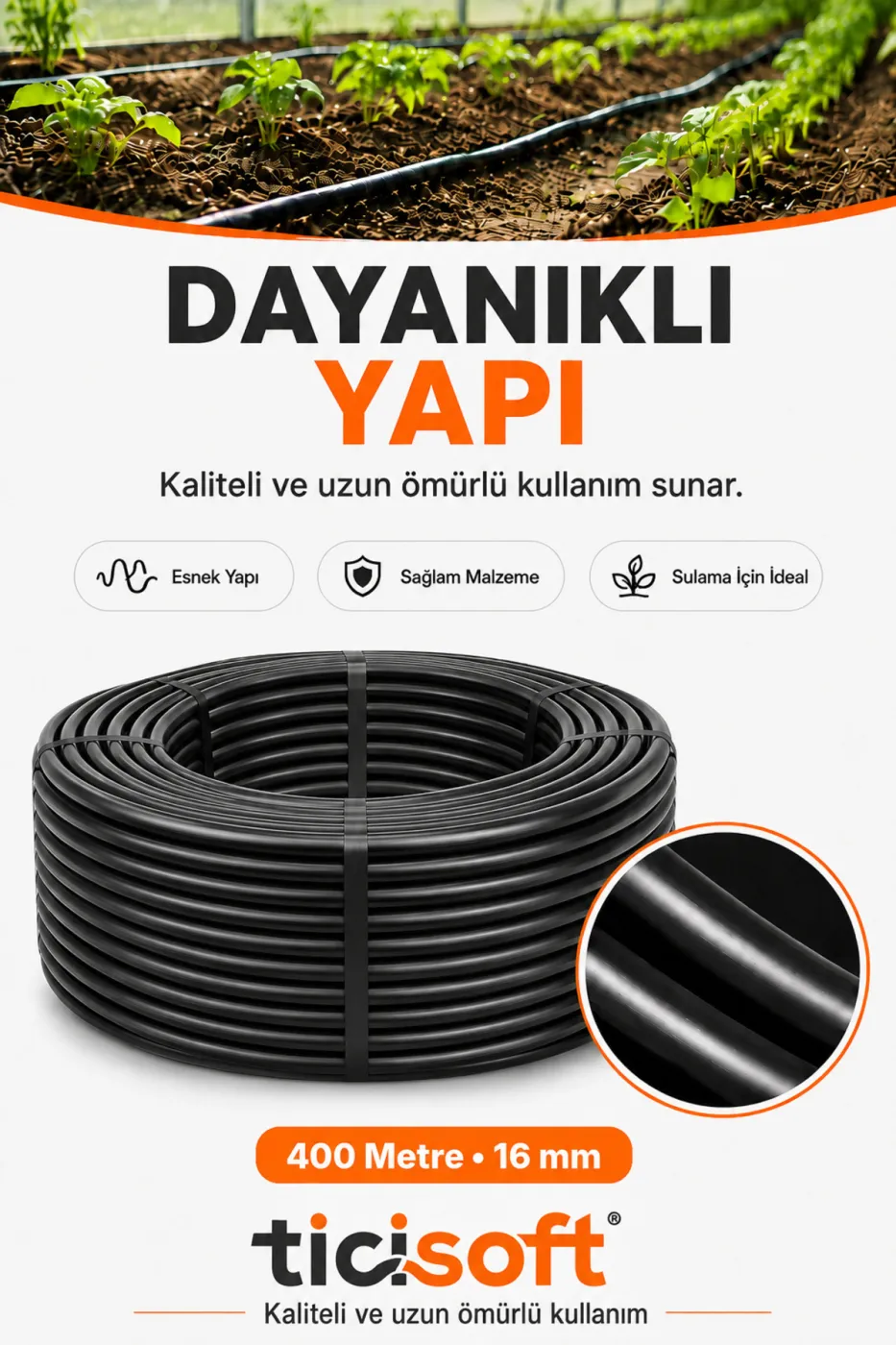 400 Metre 16 mm Deliksiz Damlama Sulama Hortumu Bahçe Sera Tarla Bitki ve Ağaç Sulama Borusu
