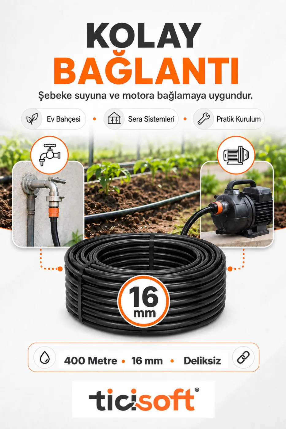 400 Metre 16 mm Deliksiz Damlama Sulama Hortumu Bahçe Sera Tarla Bitki ve Ağaç Sulama Borusu