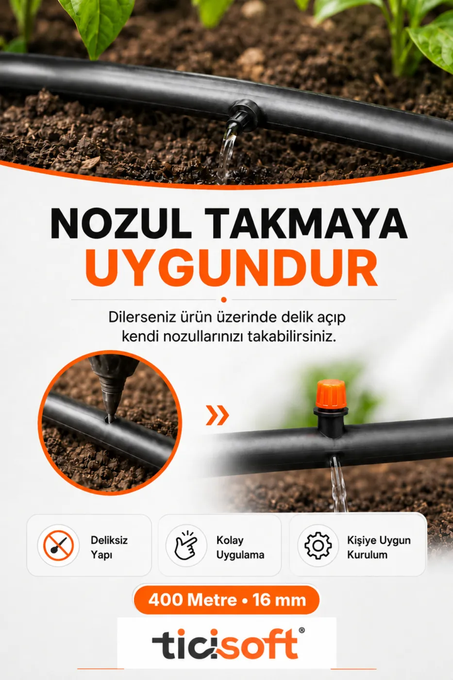 400 Metre 16 mm Deliksiz Damlama Sulama Hortumu Bahçe Sera Tarla Bitki ve Ağaç Sulama Borusu