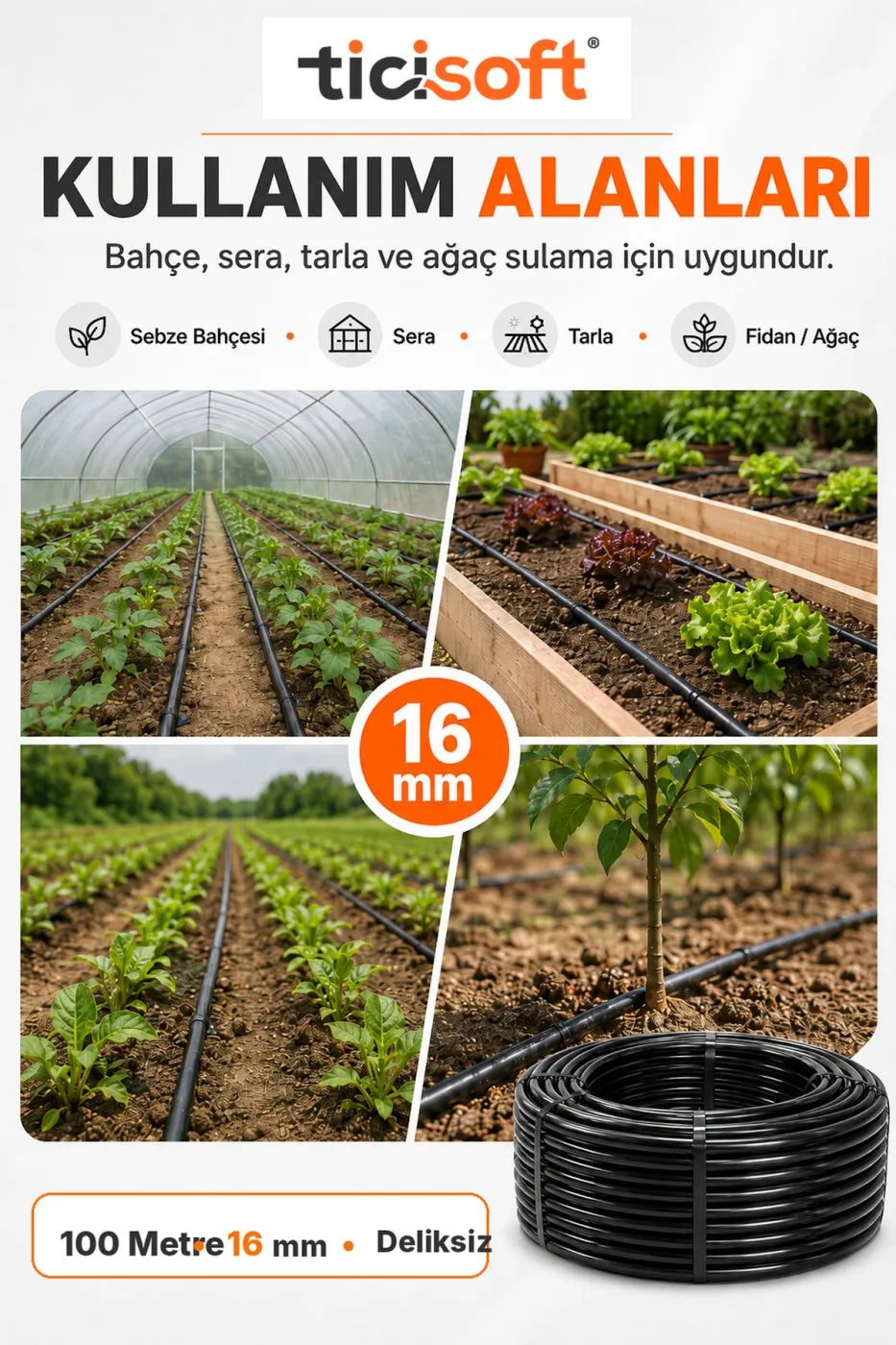 100 Metre 16 mm Deliksiz Damlama Sulama Hortumu Bahçe Sera Tarla Bitki ve Ağaç Sulama Borusu
