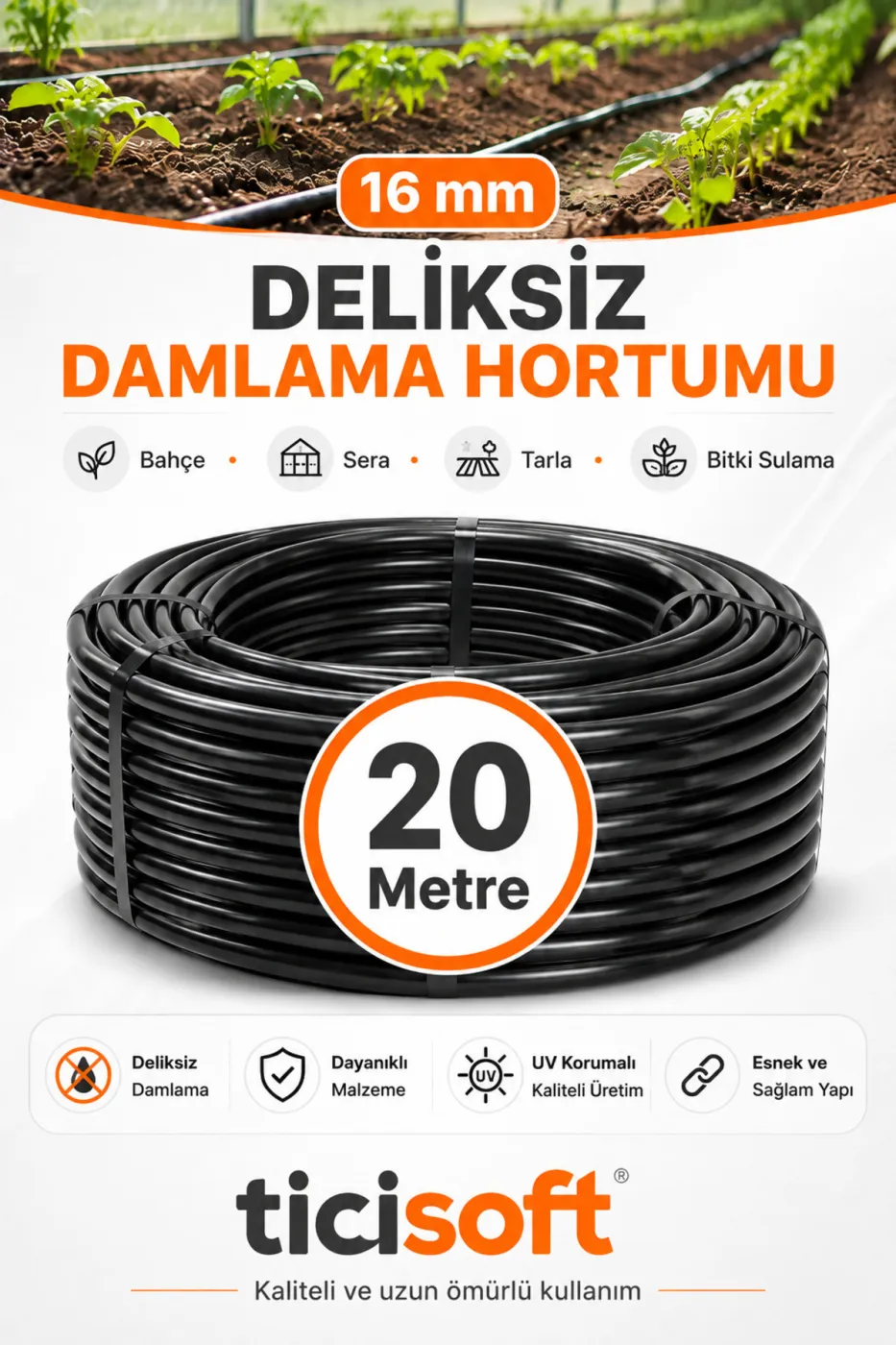 20 Metre 16 mm Deliksiz Damlama Sulama Hortumu Bahçe Sera Tarla Bitki ve Ağaç Sulama Borusu