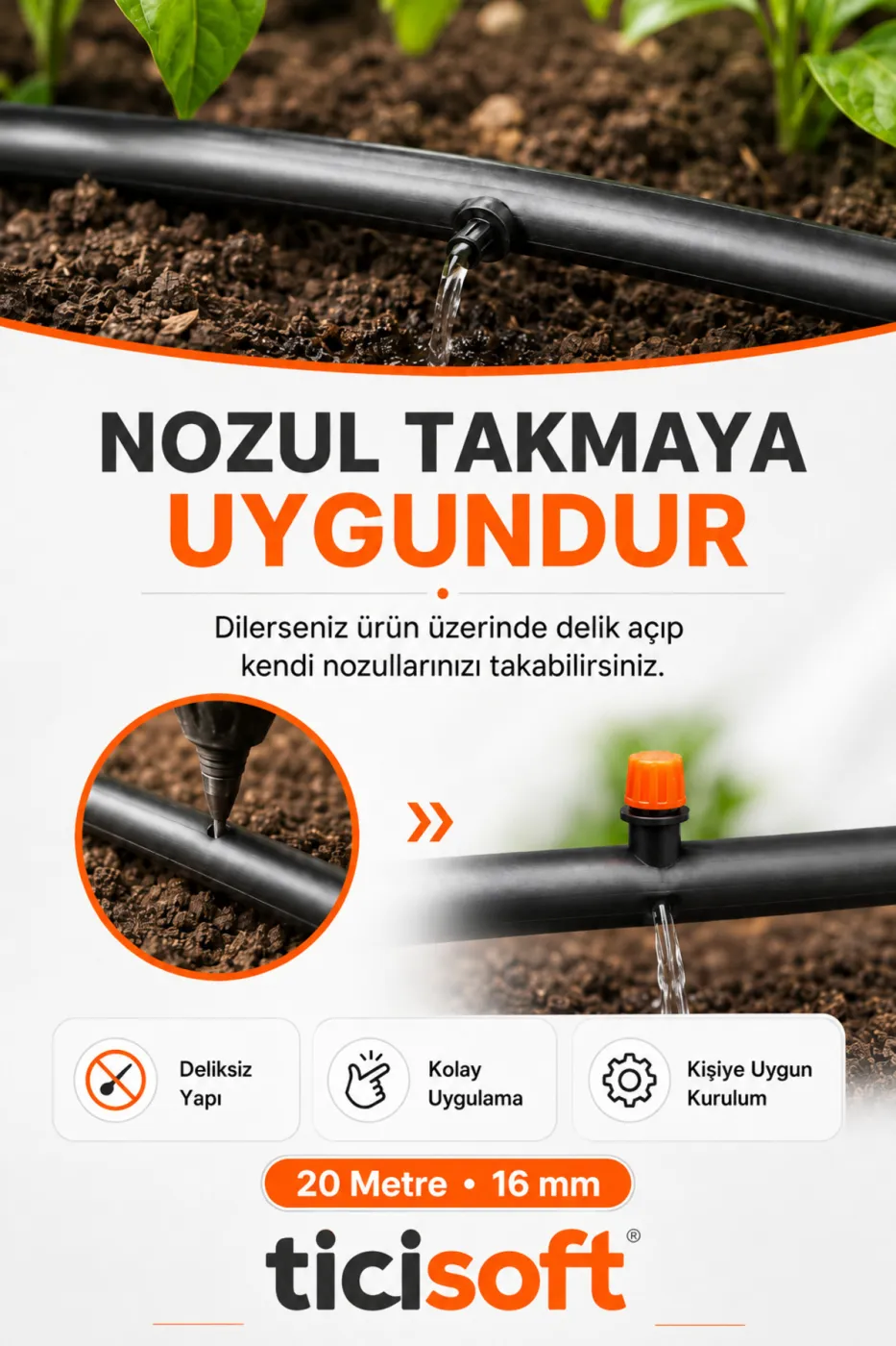 20 Metre 16 mm Deliksiz Damlama Sulama Hortumu Bahçe Sera Tarla Bitki ve Ağaç Sulama Borusu