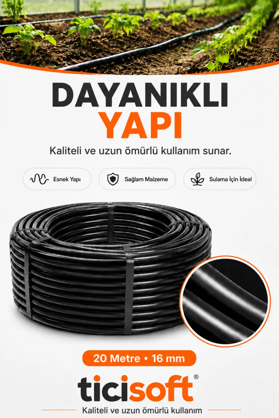 20 Metre 16 mm Deliksiz Damlama Sulama Hortumu Bahçe Sera Tarla Bitki ve Ağaç Sulama Borusu