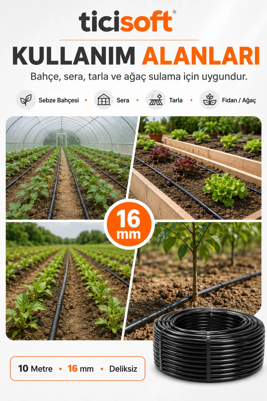 10 Metre 16 mm Deliksiz Damlama Sulama Hortumu Bahçe Sera Tarla Bitki ve Ağaç Sulama Borusu