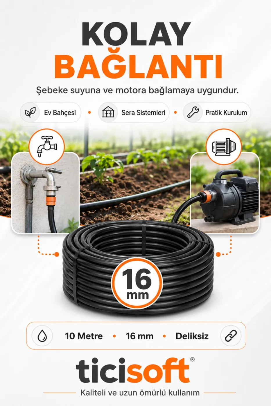 10 Metre 16 mm Deliksiz Damlama Sulama Hortumu Bahçe Sera Tarla Bitki ve Ağaç Sulama Borusu