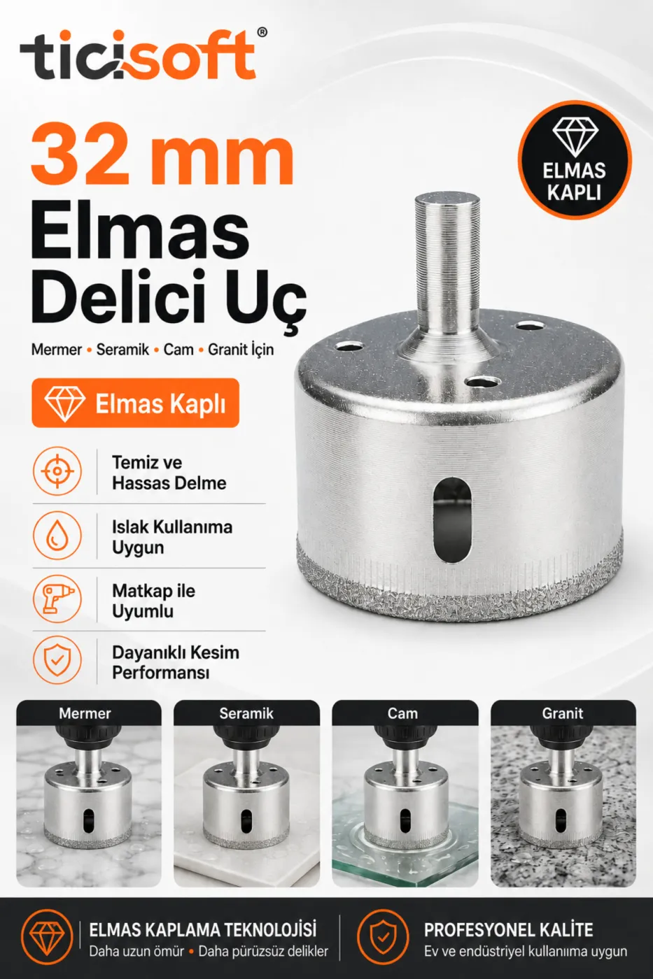 32 mm Elmas Kaplı Panç Delici Uç Cam Seramik Mermer Granit Delme Matkap Ucu