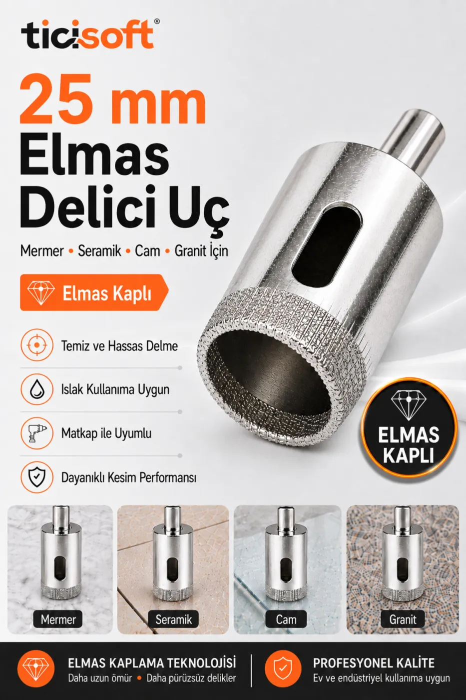 25mm Elmas Kaplı Panç Delici Uç Cam Seramik Mermer Granit Delme Matkap Ucu