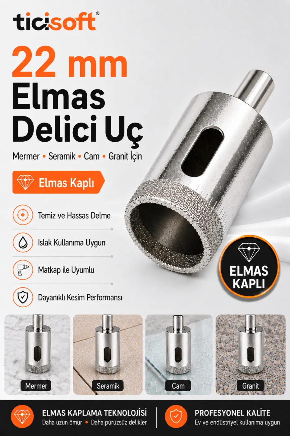 22 mm Elmas Kaplı Panç Delici Uç Cam Seramik Mermer Granit Delme Matkap Ucu