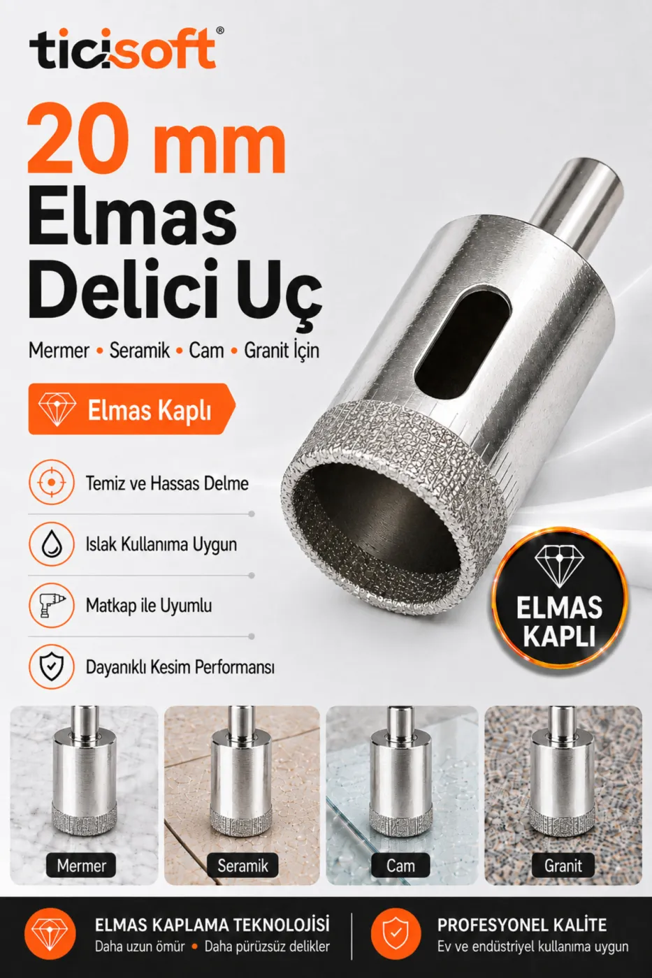 20 mm Elmas Kaplı Panç Delici Uç Cam Seramik Mermer Granit Delme Matkap Ucu