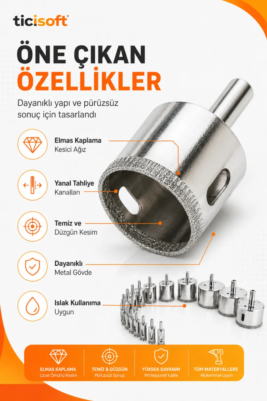 20 mm Elmas Kaplı Panç Delici Uç Cam Seramik Mermer Granit Delme Matkap Ucu
