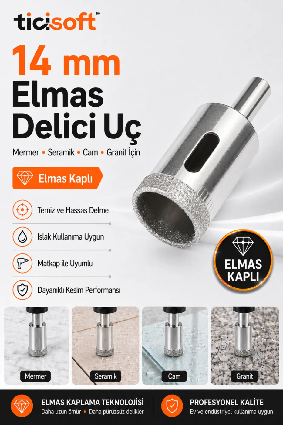 14 mm Elmas Kaplı Panç Delici Uç Cam Seramik Mermer Granit Delme Matkap Ucu