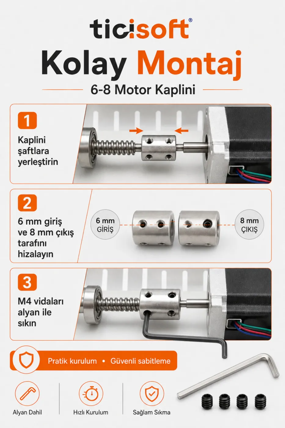 6-8 Motor Kaplini Sabit Şaft Bağlantı Kaplin Motor Pimi Çoğaltıcı 8mm Çelik 4 M4 Vidalı Alyanlı