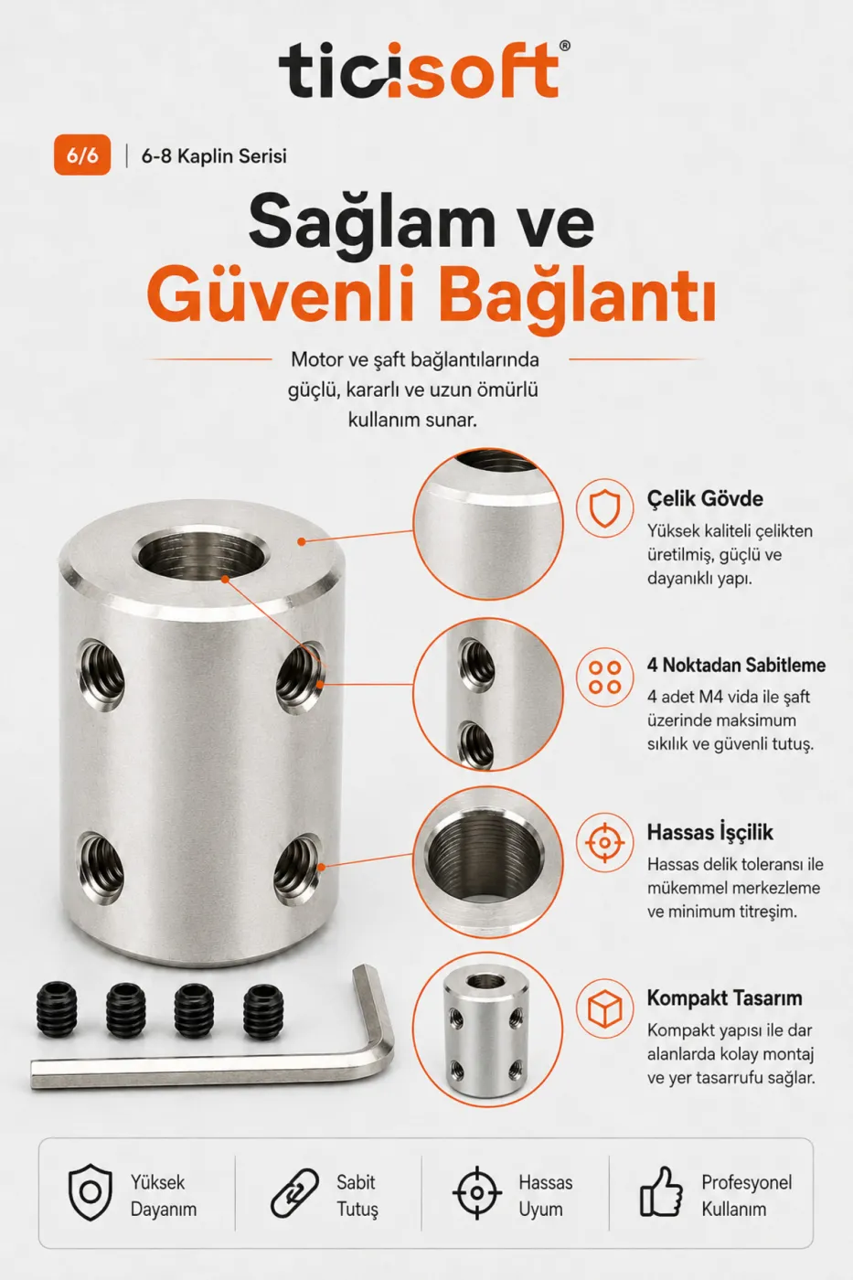 6-8 Motor Kaplini Sabit Şaft Bağlantı Kaplin Motor Pimi Çoğaltıcı 8mm Çelik 4 M4 Vidalı Alyanlı