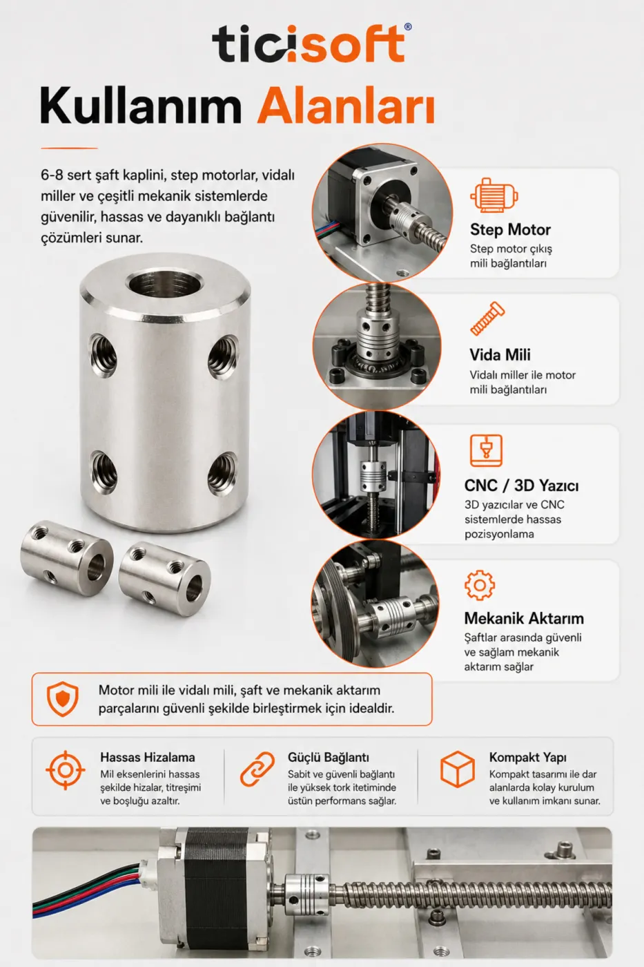 6-8 Motor Kaplini Sabit Şaft Bağlantı Kaplin Motor Pimi Çoğaltıcı 8mm Çelik 4 M4 Vidalı Alyanlı