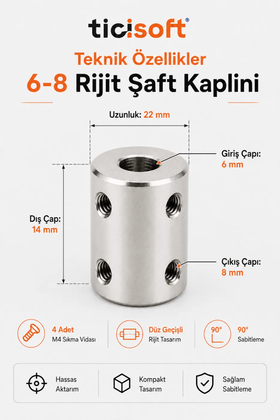 6-8 Motor Kaplini Sabit Şaft Bağlantı Kaplin Motor Pimi Çoğaltıcı 8mm Çelik 4 M4 Vidalı Alyanlı