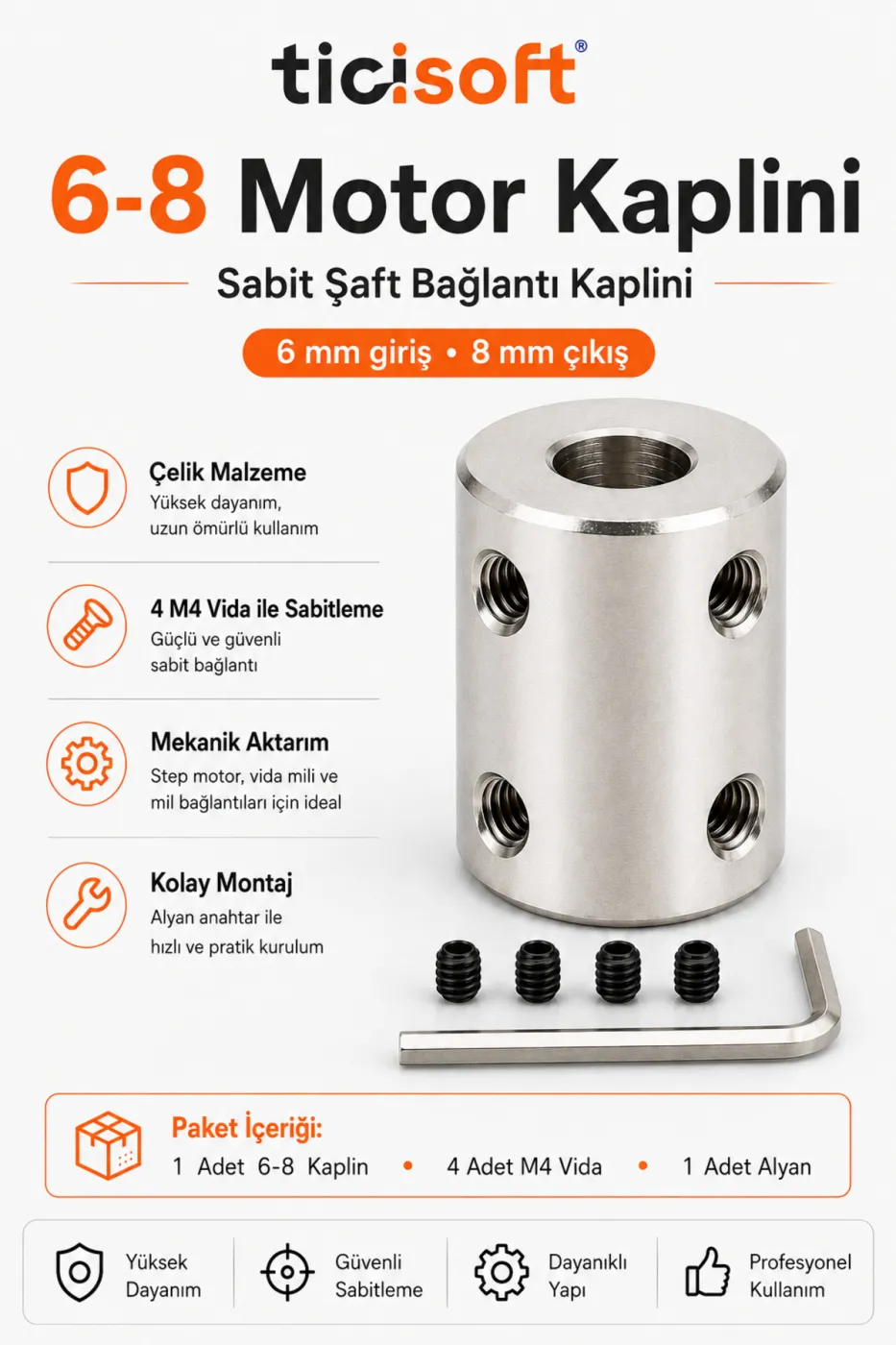 6-8 Motor Kaplini Sabit Şaft Bağlantı Kaplin Motor Pimi Çoğaltıcı 8mm Çelik 4 M4 Vidalı Alyanlı