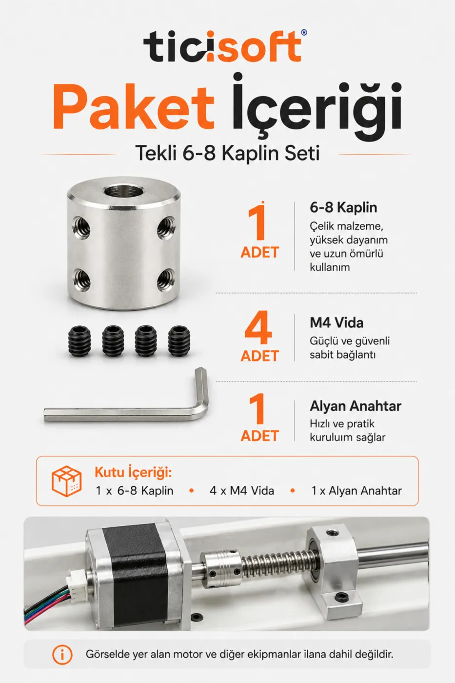 6-8 Motor Kaplini Sabit Şaft Bağlantı Kaplin Motor Pimi Çoğaltıcı 8mm Çelik 4 M4 Vidalı Alyanlı
