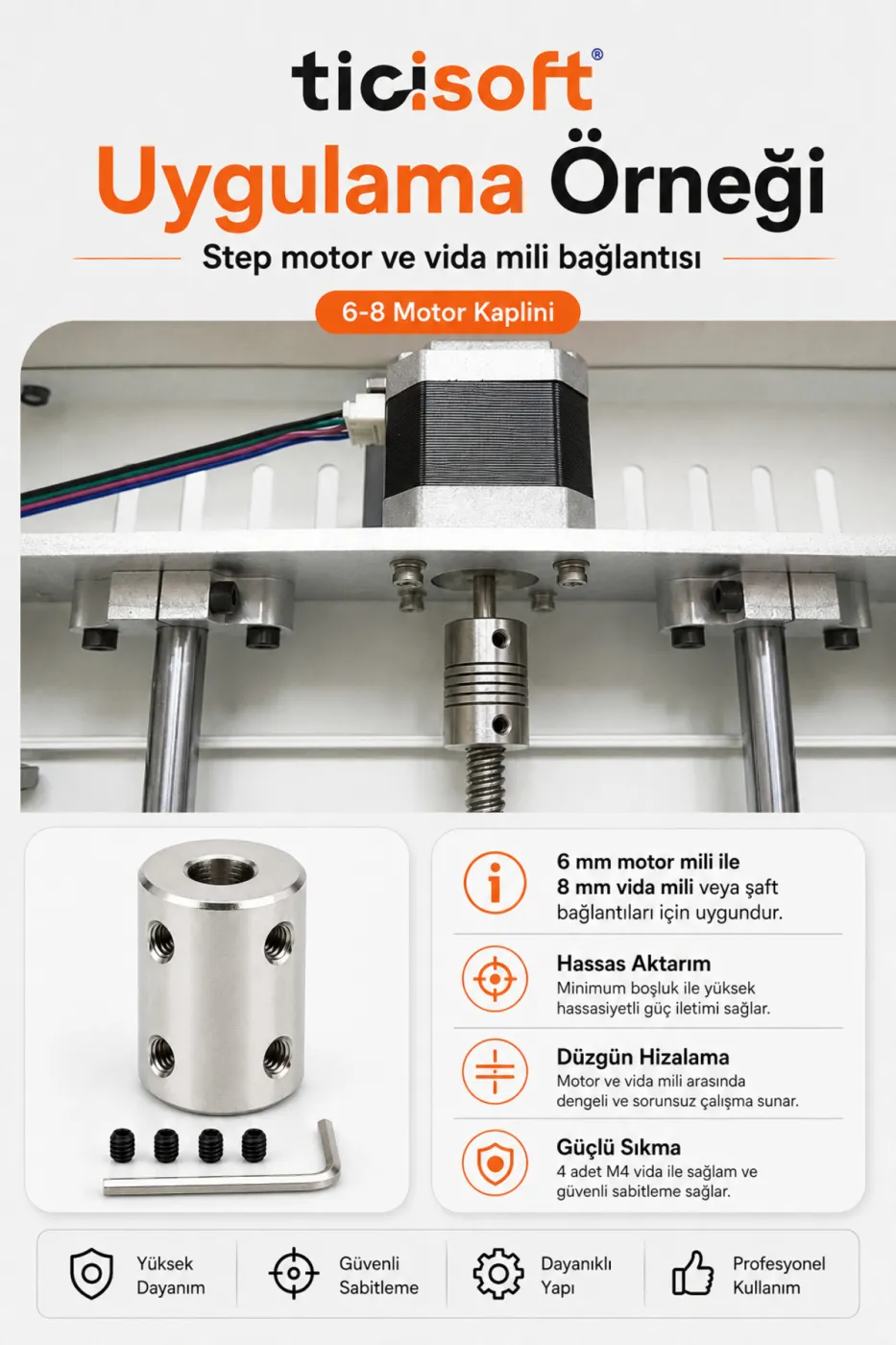 6-8 Motor Kaplini Sabit Şaft Bağlantı Kaplin Motor Pimi Çoğaltıcı 8mm Çelik 4 M4 Vidalı Alyanlı