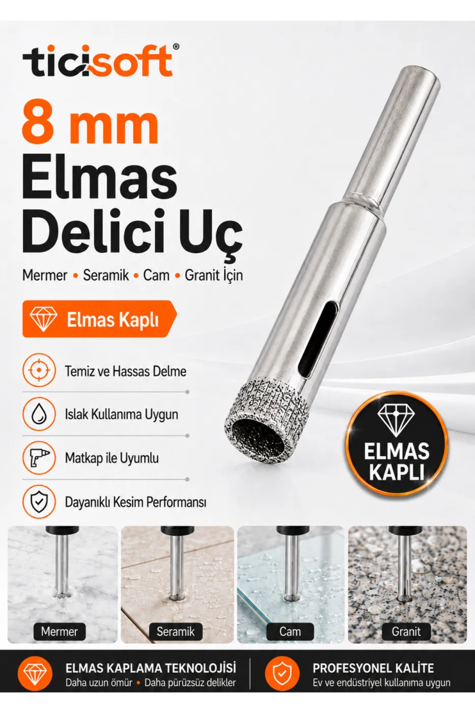 8 mm Elmas Kaplı Panç Delici Uç Cam Seramik Mermer Granit Delme Matkap Ucu