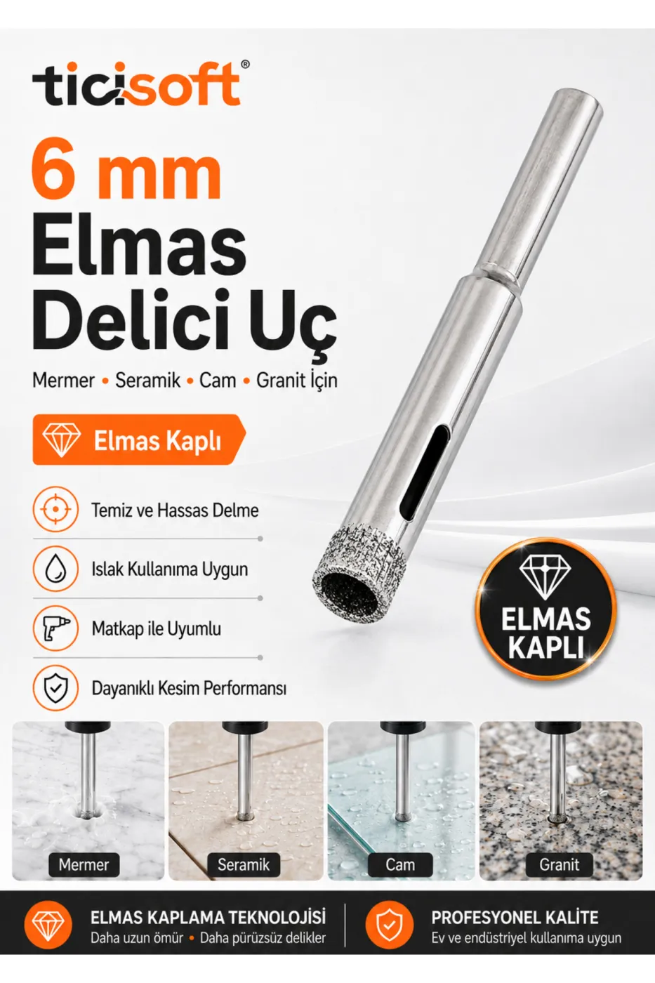 6 mm Elmas Kaplı Panç Delici Uç Cam Seramik Mermer Granit Delme Matkap Ucu