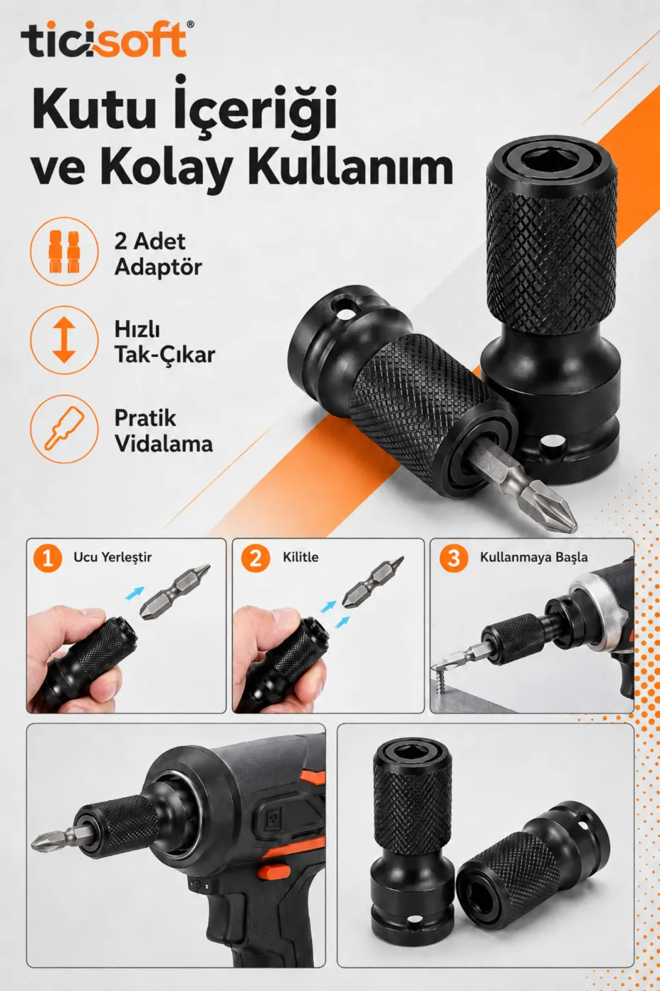 Darbeli Somun Sökme İçin Mandrenli Bits Adaptörü 1/2 Kare – 1/4 Hex 2’li Set