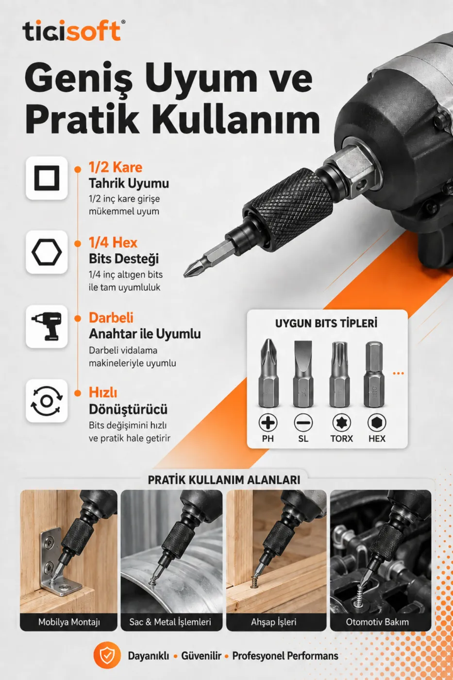Darbeli Somun Sökme İçin Mandrenli Bits Adaptörü 1/2 Kare – 1/4 Hex 2’li Set
