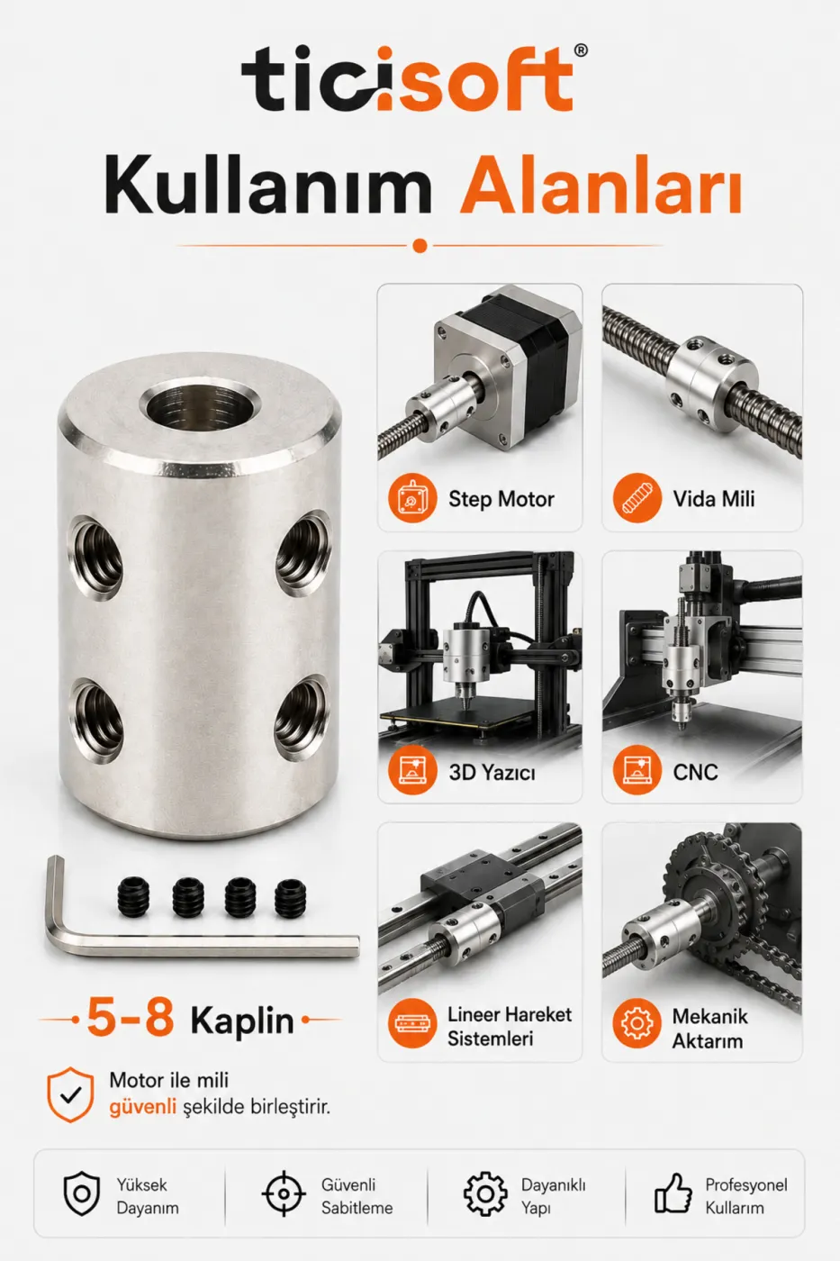 5-8 Motor Kaplini Sabit Şaft Bağlantı Kaplin Motor Pimi Çoğaltıcı Metal Çelik 4 M4 Vidalı Alyanlı