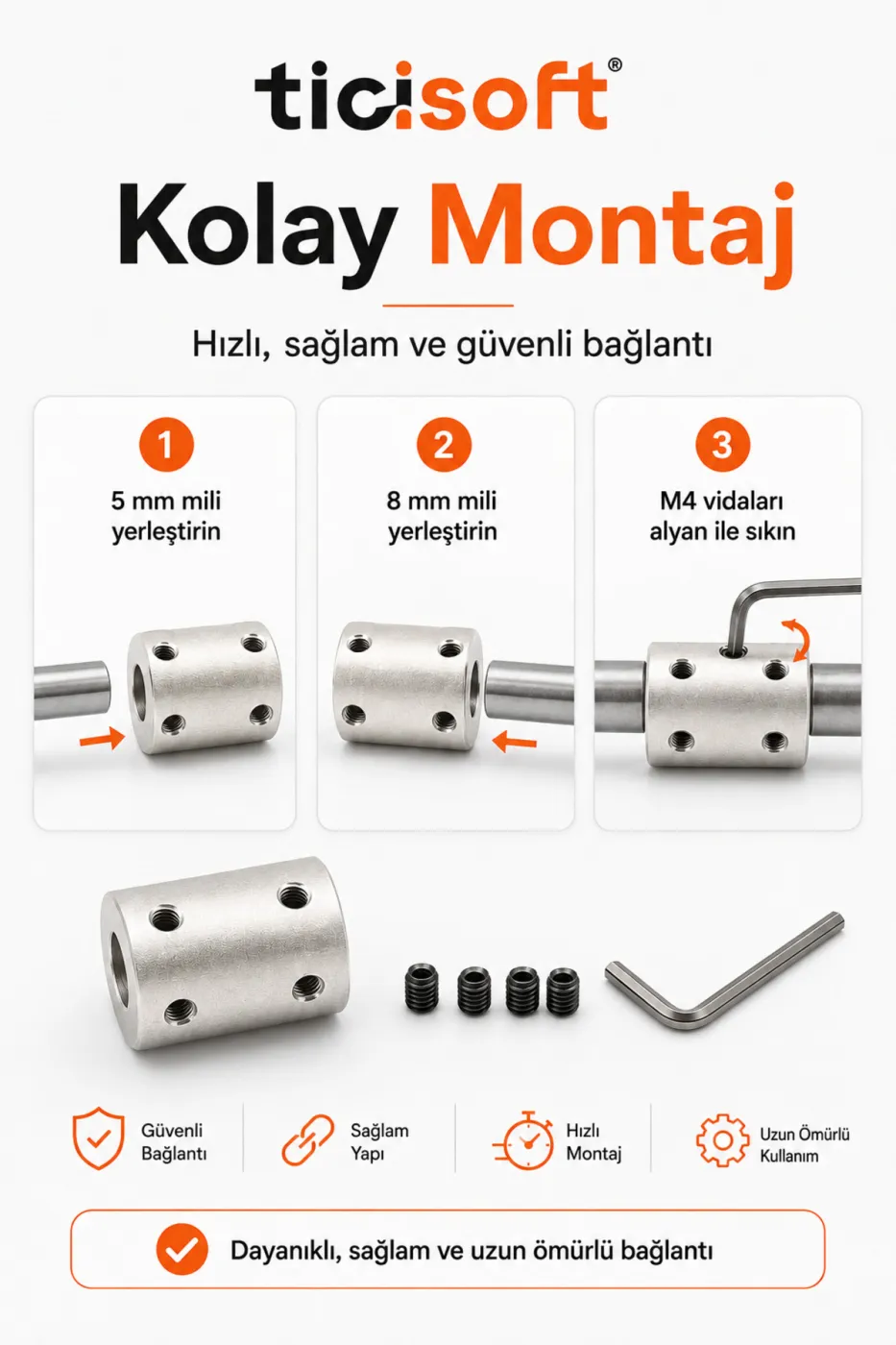 5-8 Motor Kaplini Sabit Şaft Bağlantı Kaplin Motor Pimi Çoğaltıcı Metal Çelik 4 M4 Vidalı Alyanlı
