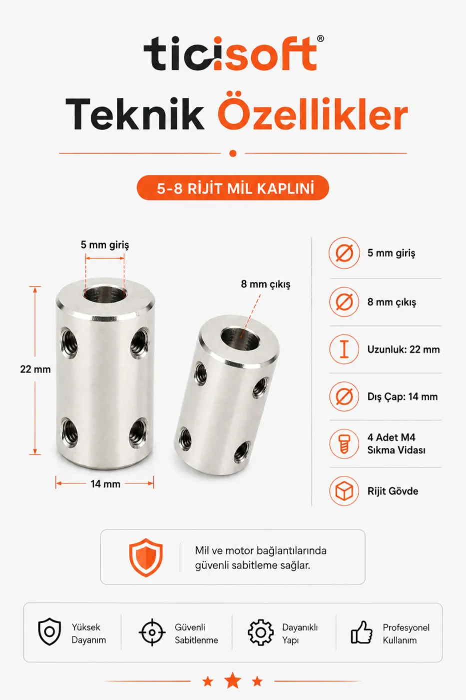 5-8 Motor Kaplini Sabit Şaft Bağlantı Kaplin Motor Pimi Çoğaltıcı Metal Çelik 4 M4 Vidalı Alyanlı
