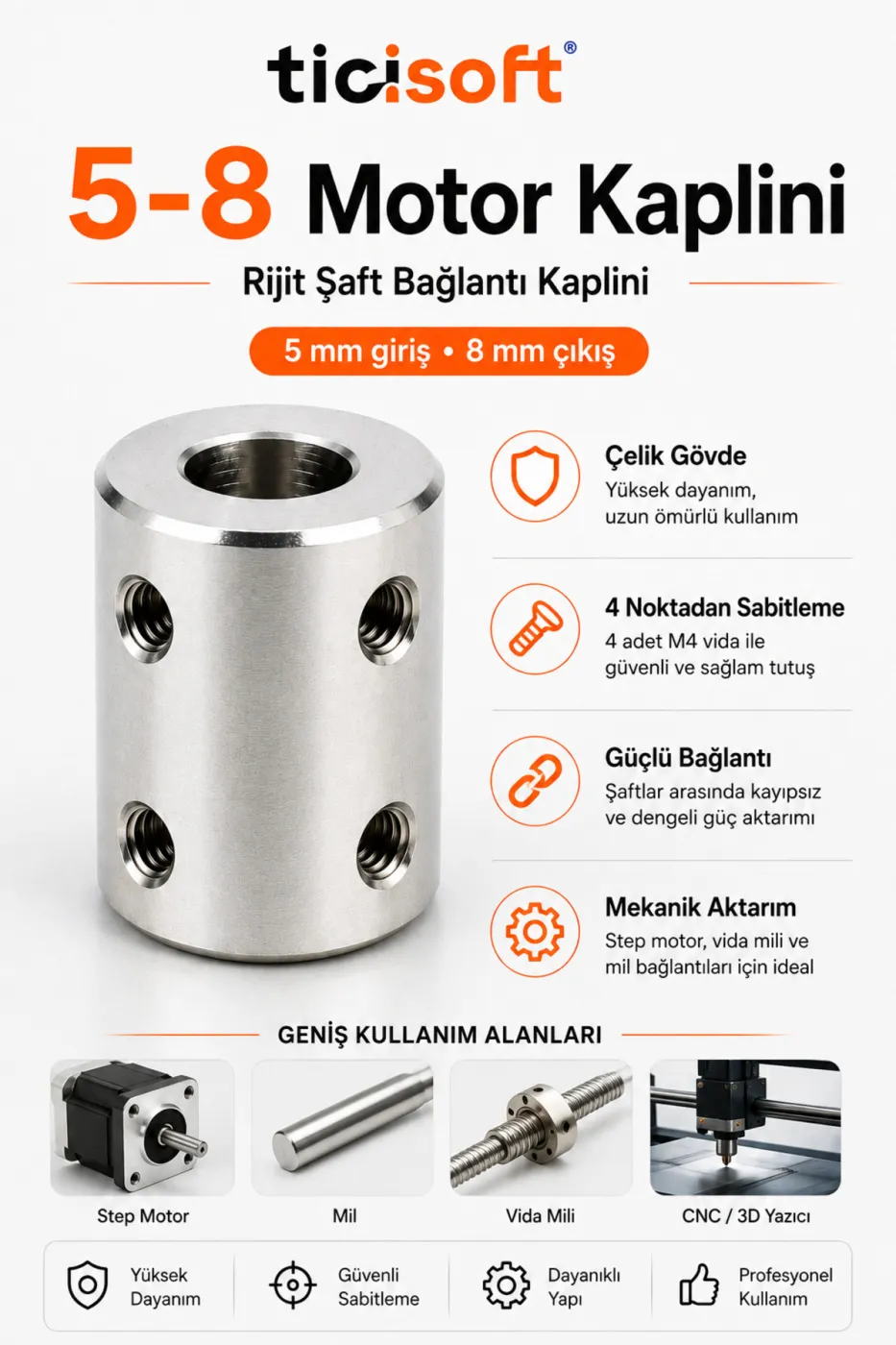 5-8 Motor Kaplini Sabit Şaft Bağlantı Kaplin Motor Pimi Çoğaltıcı Metal Çelik 4 M4 Vidalı Alyanlı