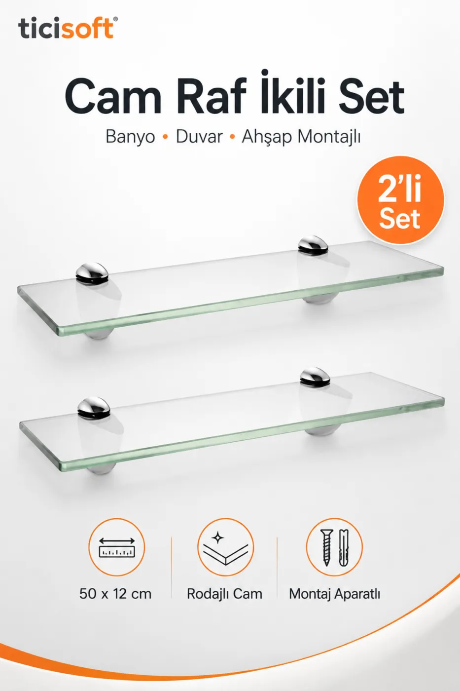 Banyo Cam Rafı 2’li Set 50x12 cm Krom Montaj Aparatlı Duvar Rafı