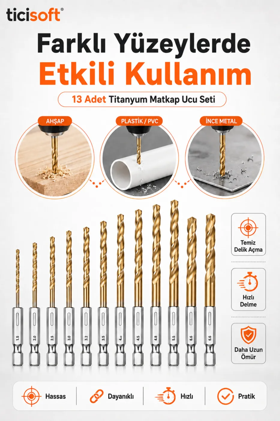 13 Parça Titanyum Kaplı HSS Matkap Ucu Seti 1/4 İnç Hex Şaft 1,5–6,5 mm