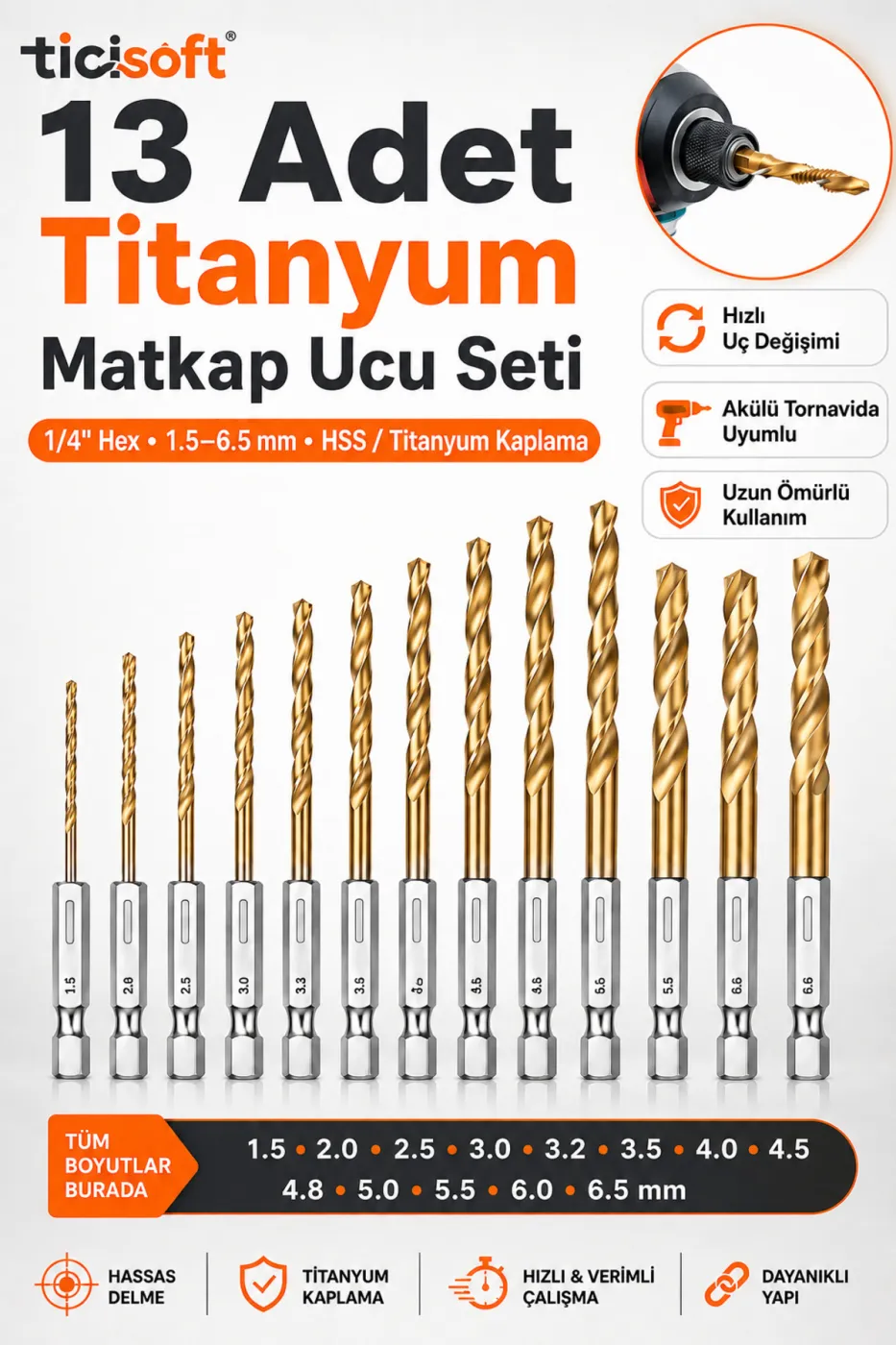 13 Parça Titanyum Kaplı HSS Matkap Ucu Seti 1/4 İnç Hex Şaft 1,5–6,5 mm