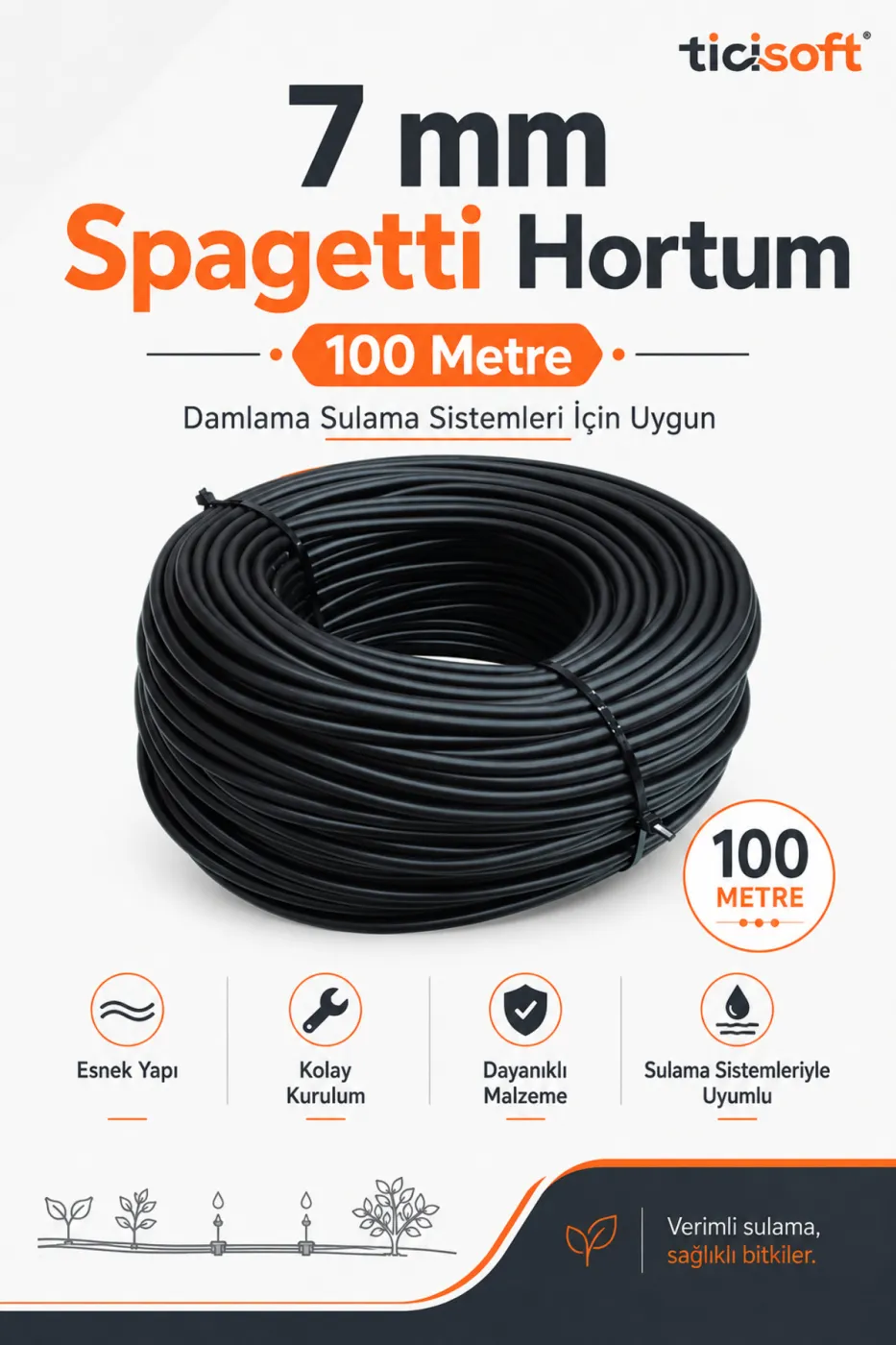 100 Metre 7 mm Spagetti Hortum Damla Sulama ve Mikro Sulama Sistemleri İçin Esnek Siyah Hortum