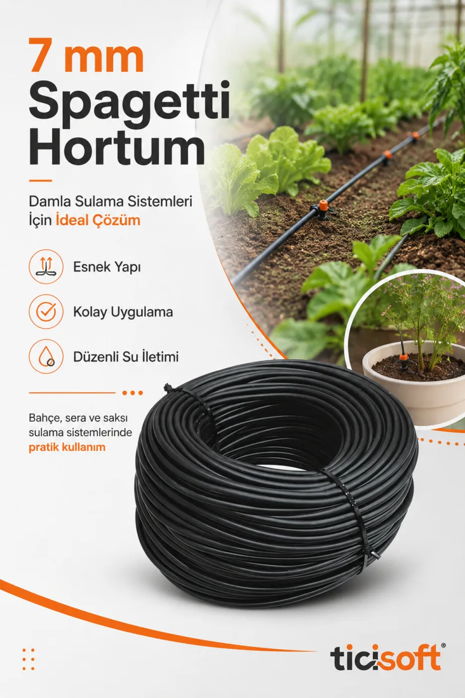 5 Metre 7 mm Spagetti Hortum Damla Sulama ve Mikro Sulama Sistemleri İçin Esnek Siyah Hortum