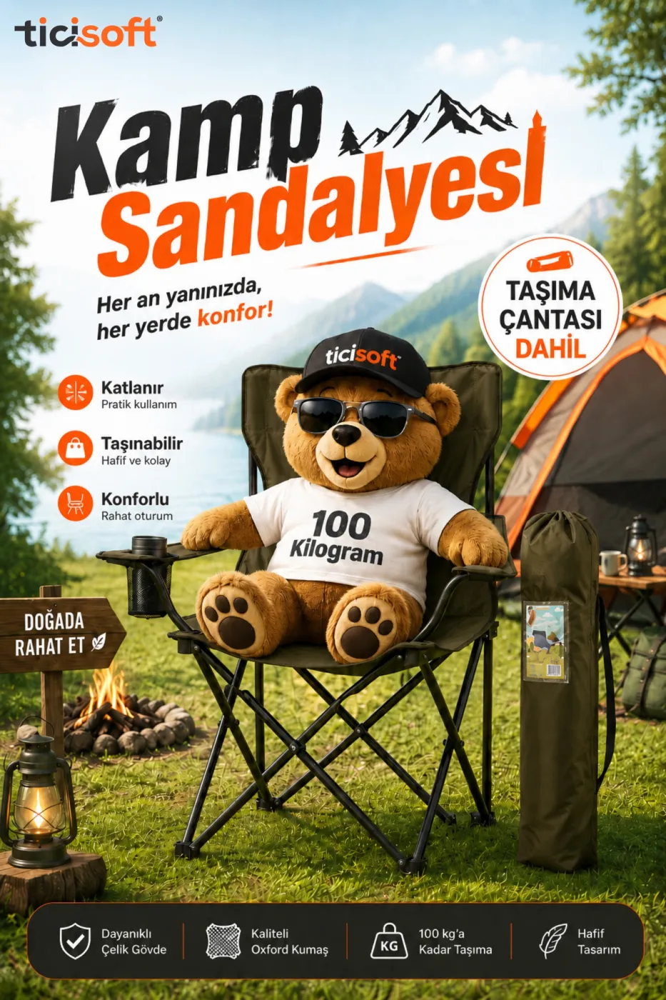 Katlanır Kamp Sandalyesi Çantalı Bardaklıklı 100 Kg Taşıma Kapasiteli Piknik Bahçe Plaj Sandalyesi