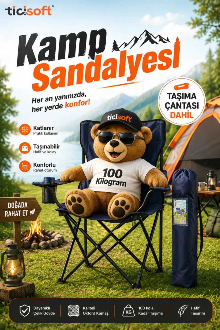 Katlanır Kamp Sandalyesi Çantalı Bardaklıklı 100 Kg Taşıma Kapasiteli Piknik Bahçe Plaj Sandalyesi