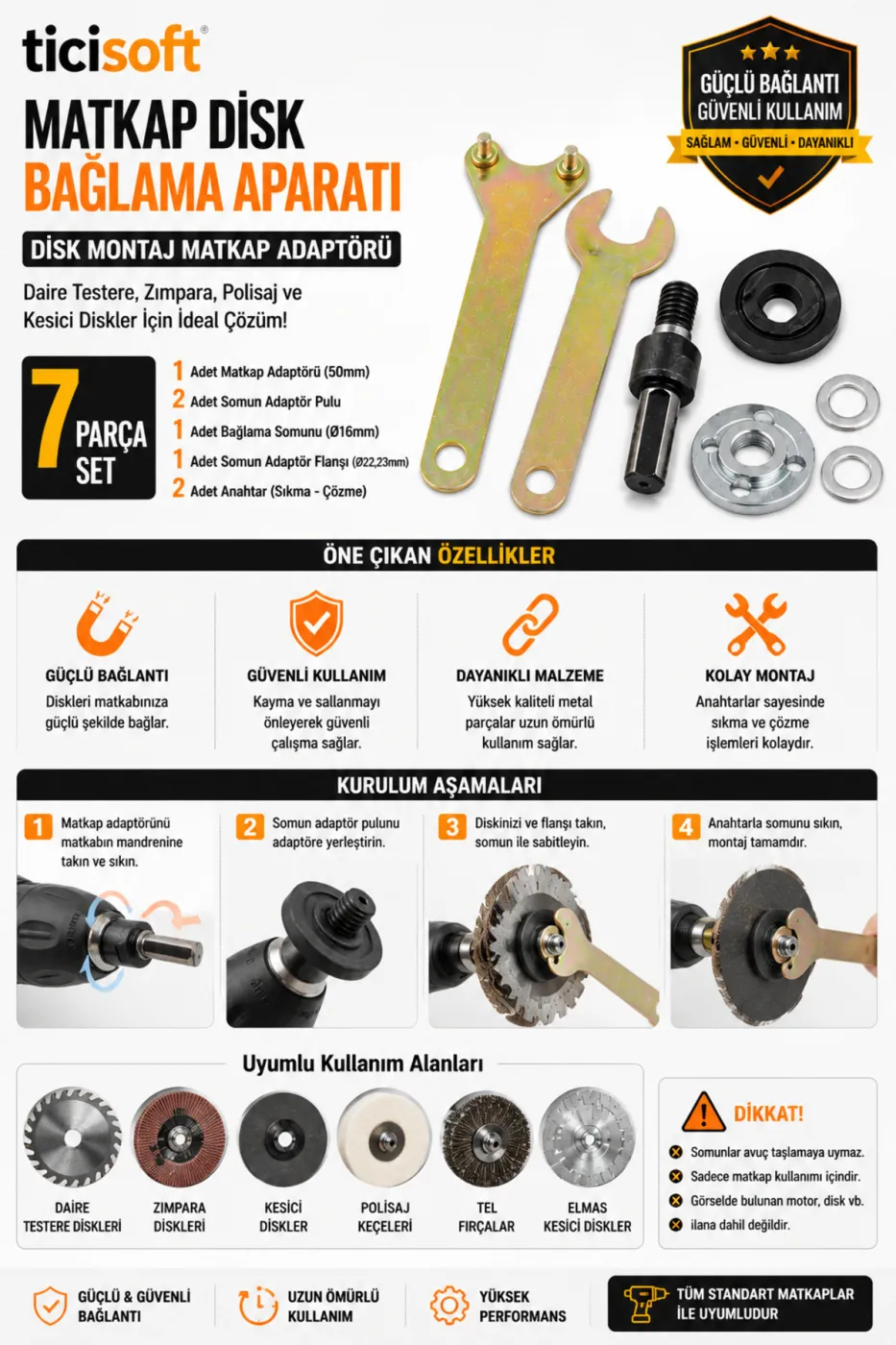 Matkap Disk Bağlama Aparatı 7 Parça Set – 16 mm ve 22,23 mm Disk Montaj Adaptörü