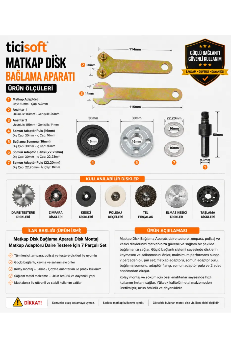 Matkap Disk Bağlama Aparatı 7 Parça Set – 16 mm ve 22,23 mm Disk Montaj Adaptörü