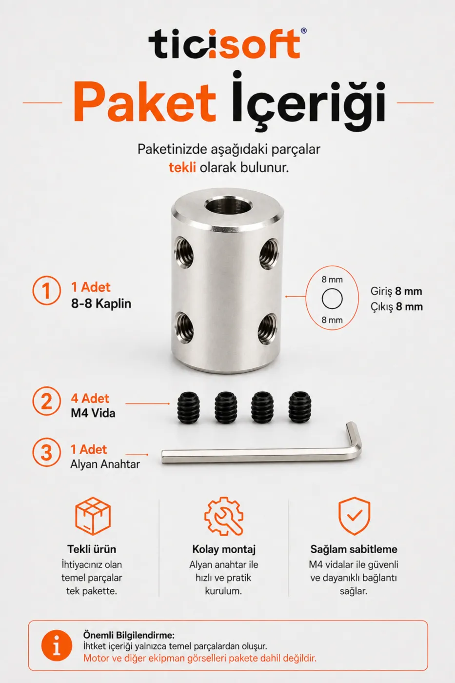 8-8 Motor Kaplini Sabit Şaft Bağlantı Kaplin Motor Pimi Çoğaltıcı 8mm Çelik 4 M4 Vidalı Alyanlı