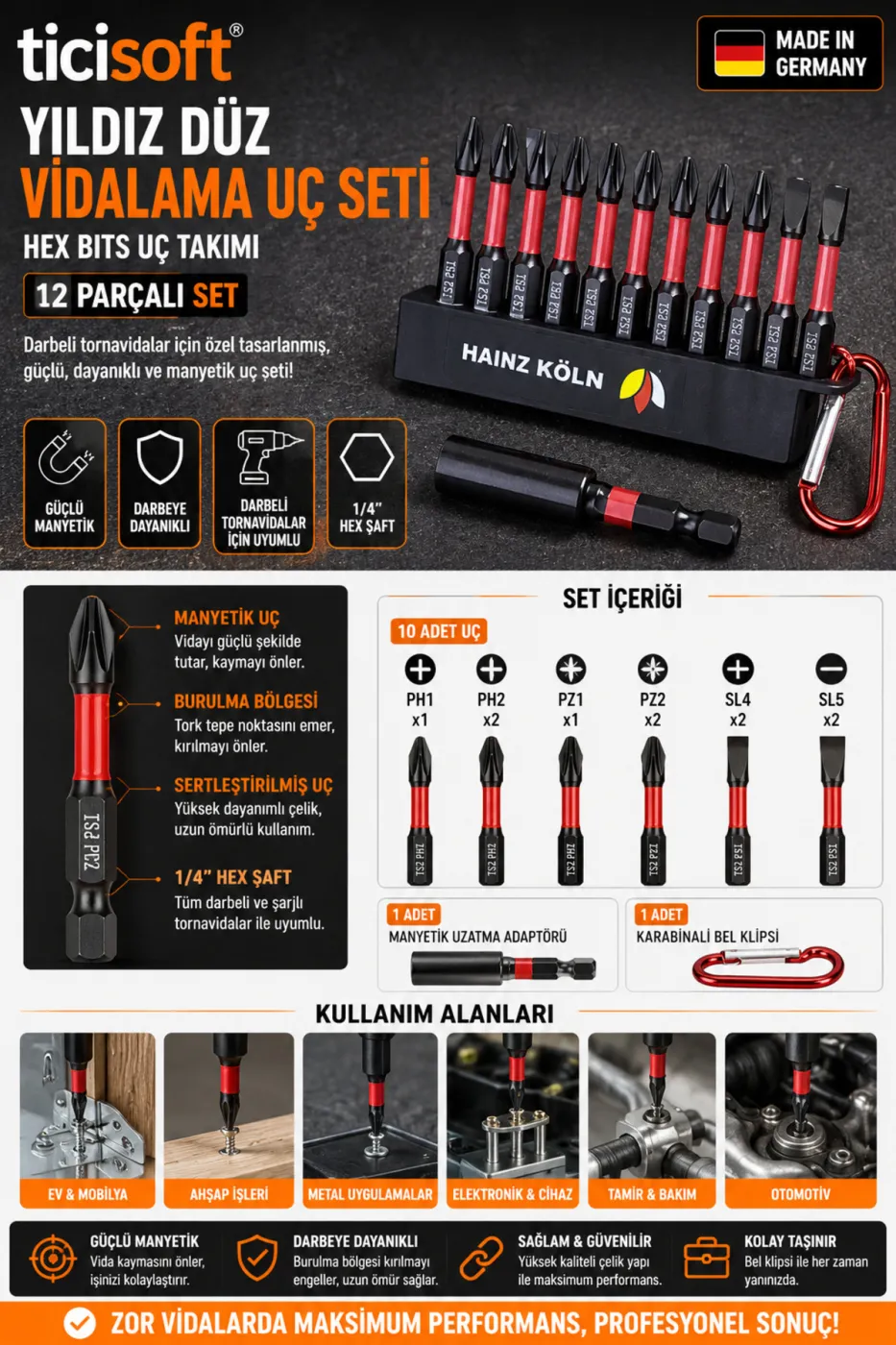 Yıldız ve Düz Vidalama Uç Seti 10’lu Bits + Manyetik Uzatma Adaptörü + Taşıma Klipsi 12 Parça