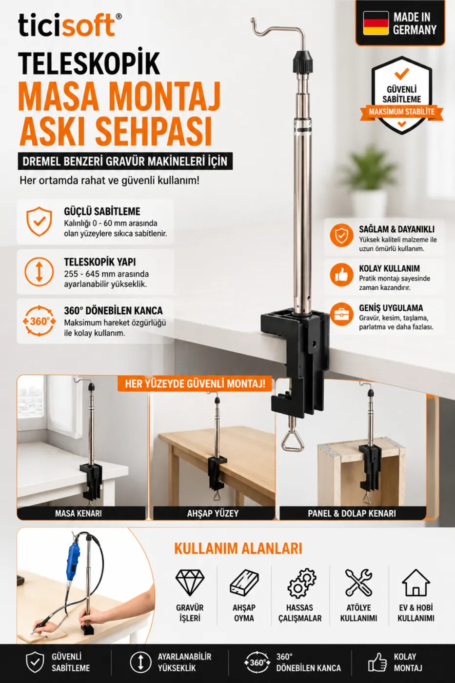 Dremel Uyumlu Teleskopik Gravür Makinesi Askı Standı – Masa Montajlı Ayarlanabilir Sehpa