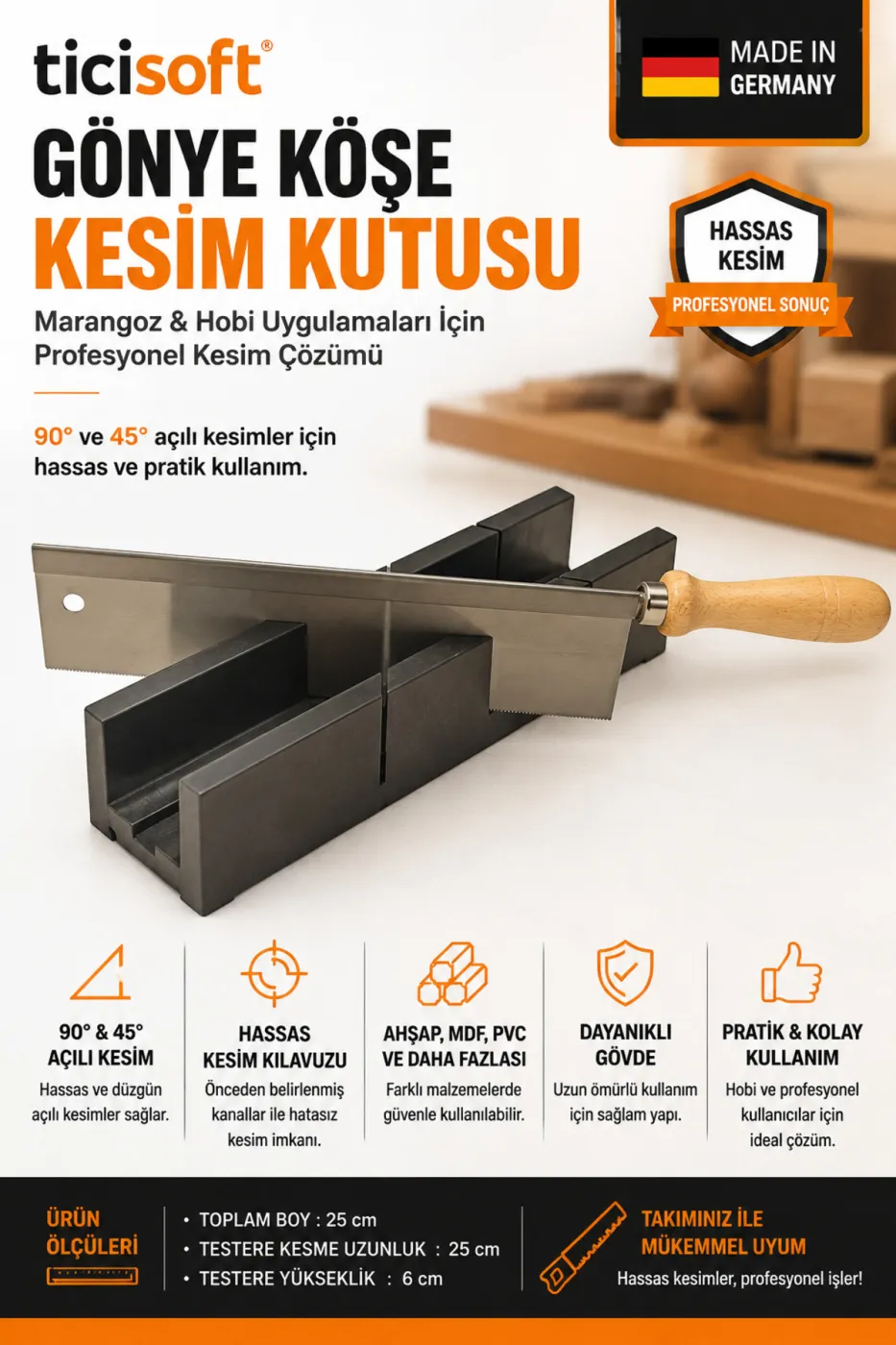 Marangoz Gönye Kesme Kutusu 45 ve 90 Derece Kesim Aparatı Ahşap Saplı Testere Seti