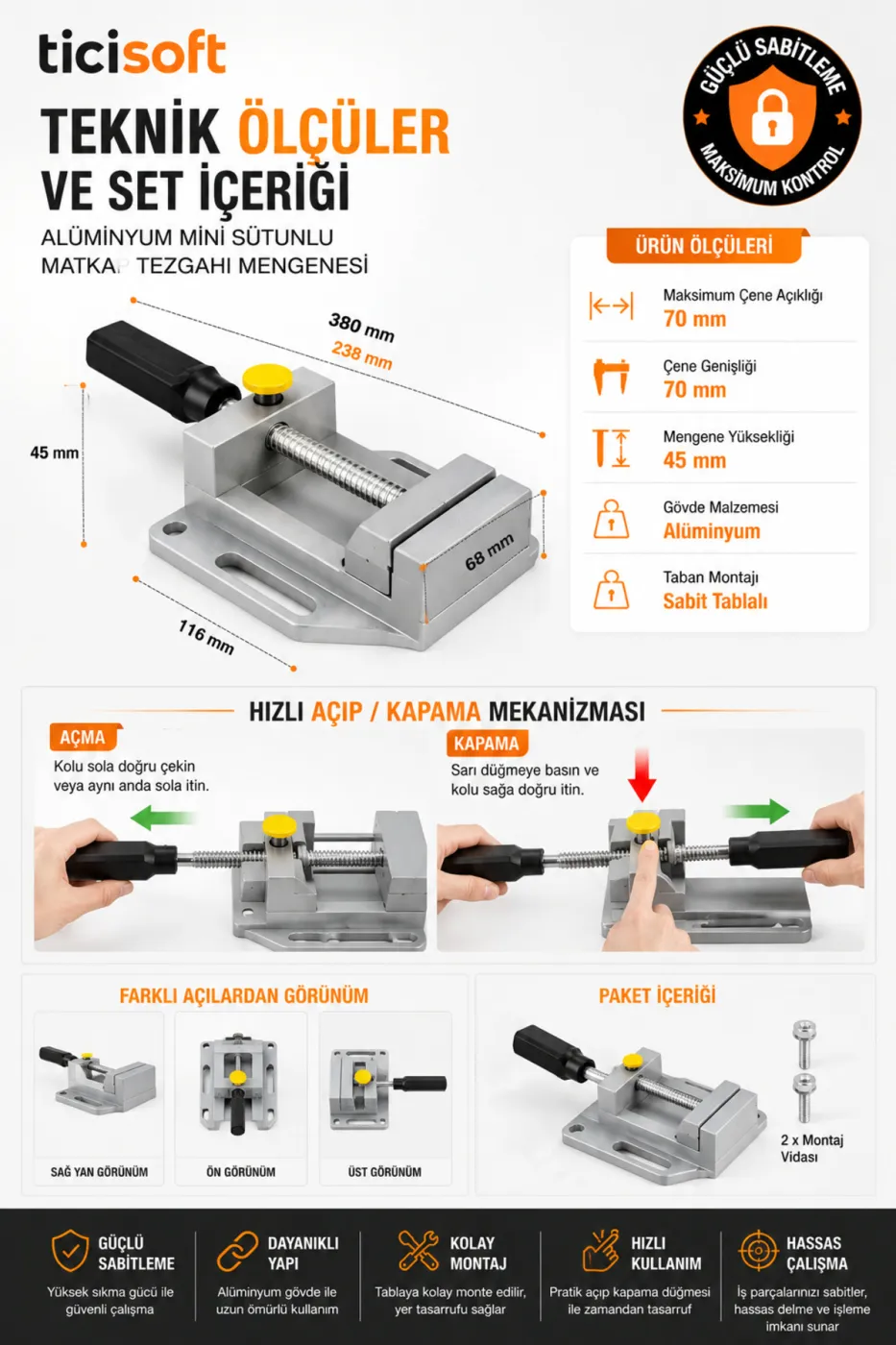 Mini Matkap Tezgâhı Mengenesi Alüminyum Gövde Hızlı Açma Düğmeli 70 mm Çene
